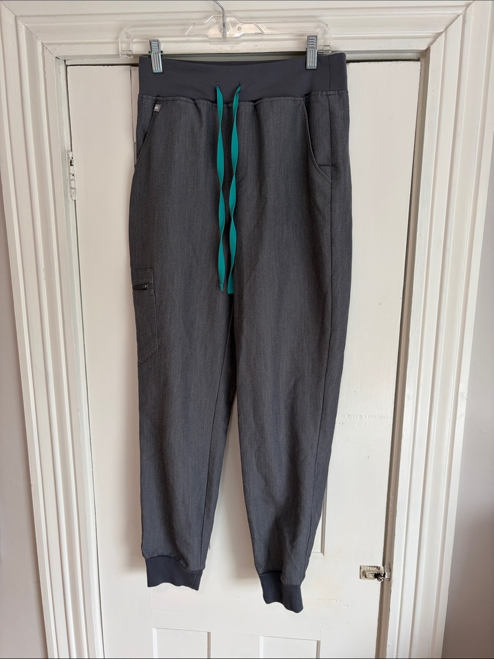 Figs Charcoal high waisted Zamora Jogger Pants with Teal Drawstring
